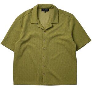 Jacquard Textured Knit Short Sleeve Button Down Shirt - Olive Green